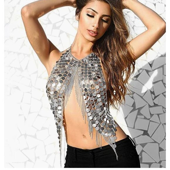 Silver Holographic AB Sequin Chain Tassel Body Jewelry Rave Halter Crop Top - Picture 2 of 8